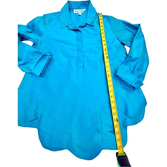 Sara Campbell Turquoise Silk Top Textured Scalloped Hem 1/4 Button Sz M Blouse - Picture 10 of 11